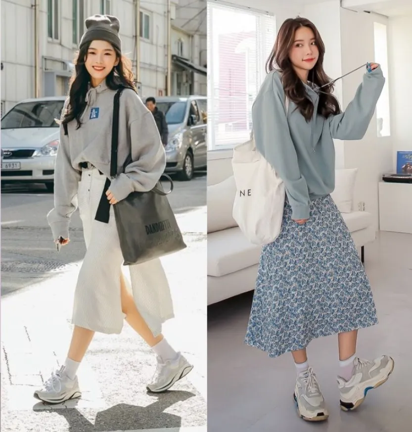 Áo hoodie mix chân váy dài