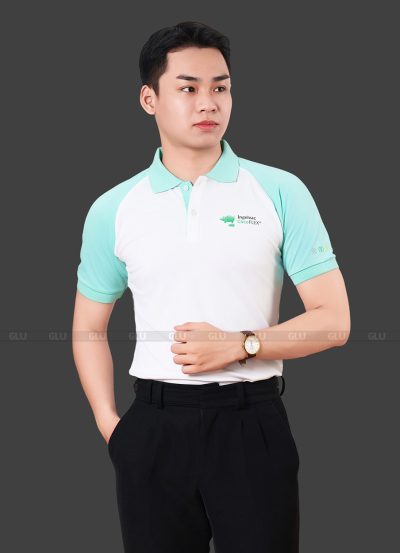 Áo đồng phục công ty có cổ màu trắng phối xanh thiên thanh