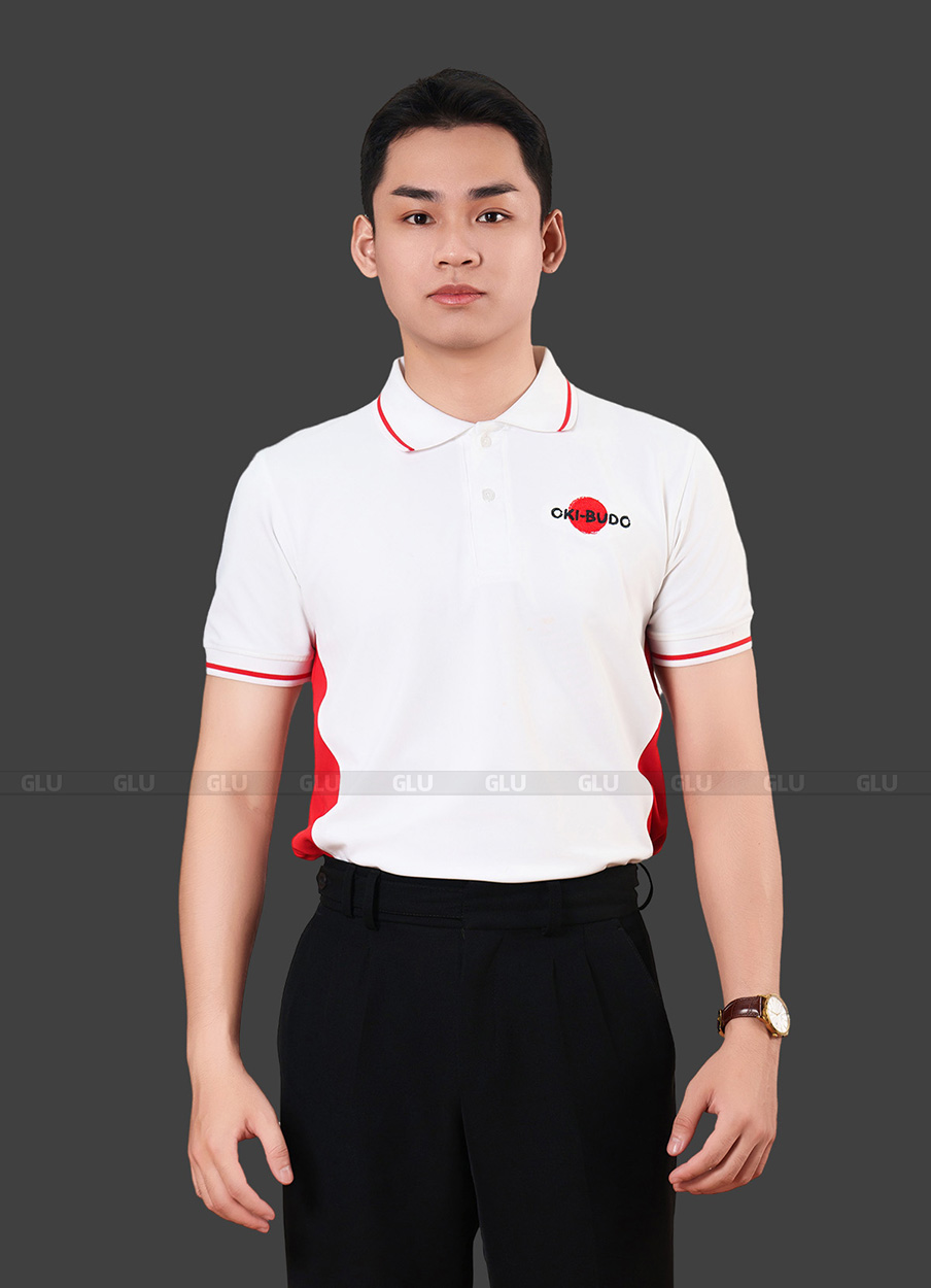 Áo polo đồng phục nhà hàng màu trắng phối hông đỏ 2