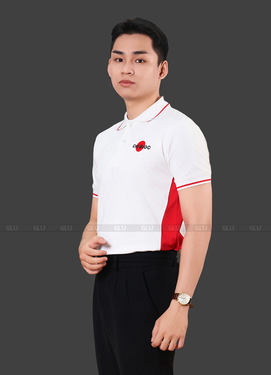 Áo polo đồng phục nhà hàng màu trắng phối hông đỏ 4