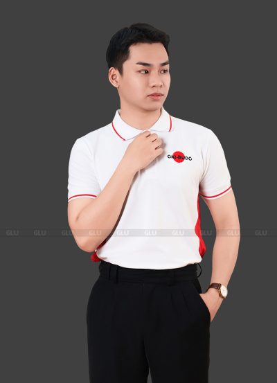 Áo polo đồng phục nhà hàng màu trắng phối hông đỏ
