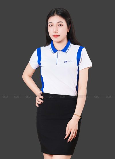 Áo thun polo đồng phục công ty màu trắng phối xanh dương
