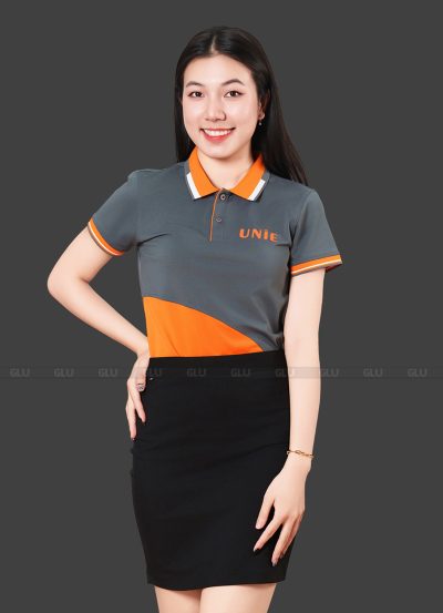 Mẫu Áo Polo Đồng Phục Công Ty UNIE Màu Xám Phối Cam