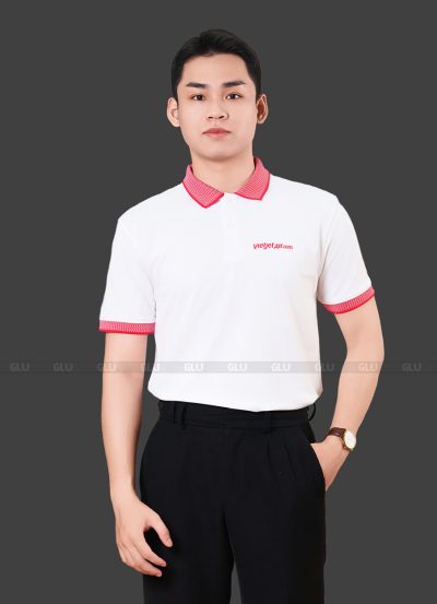 Mẫu Áo Polo Đồng Phục Công Ty Vietjet Air màu trắng phối hồng