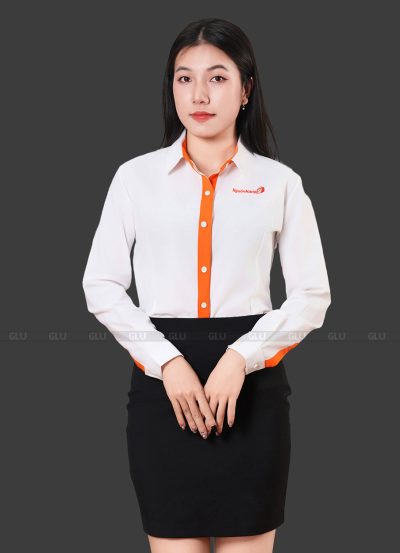 Áo đồng phục công sở màu trắng phối viền cam cao cấp