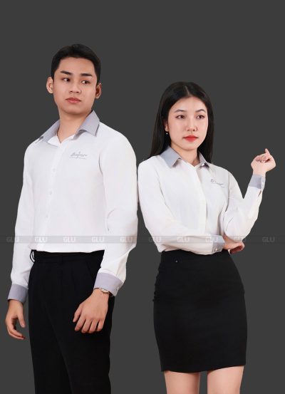 Áo đồng phục sơ mi nam nữ tay dài màu trắng