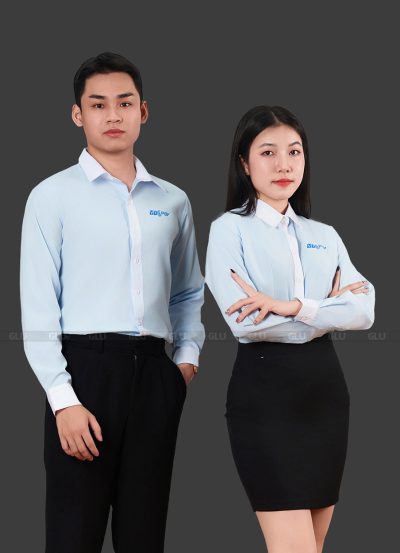 Áo sơ mi công sở đồng phục màu xanh phối viền trắng VTCPAY