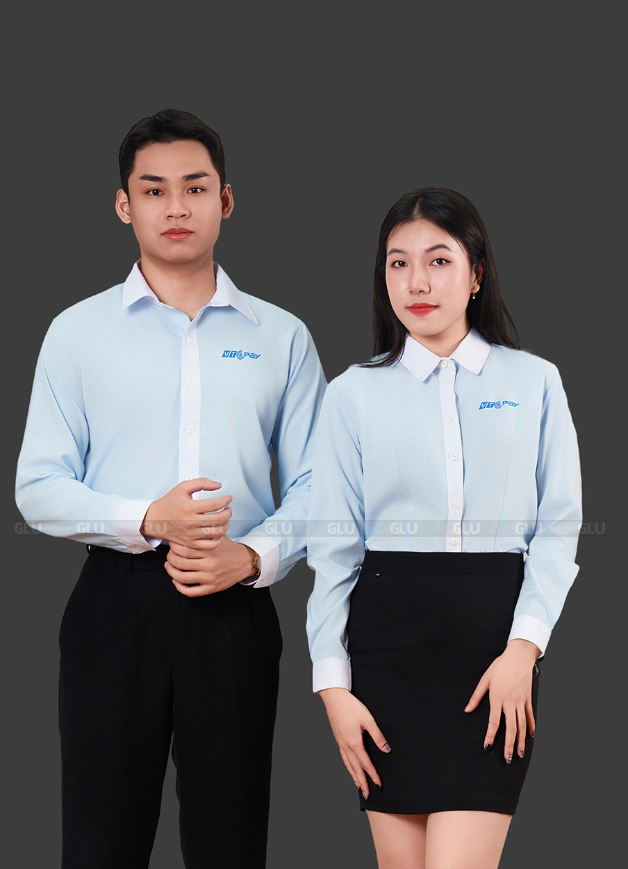 Áo sơ mi công sở đồng phục màu xanh phối viền trắng VTCPAY 6