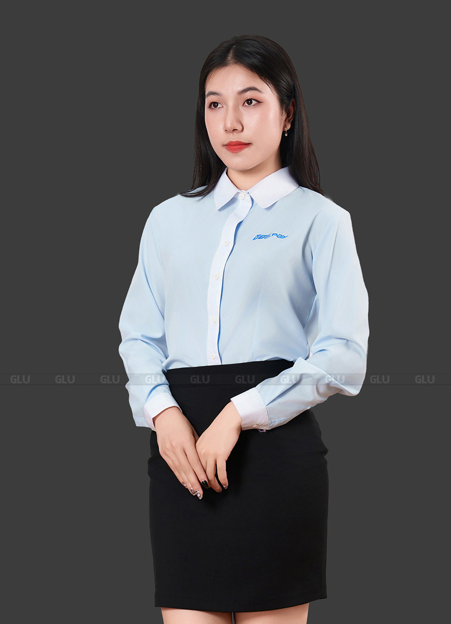 Áo sơ mi công sở đồng phục màu xanh phối viền trắng VTCPAY 7