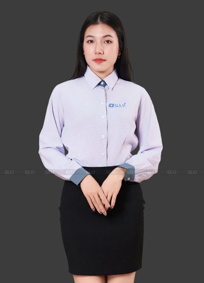 Áo sơ mi đồng phục công sở tay dài màu hồng phối xám