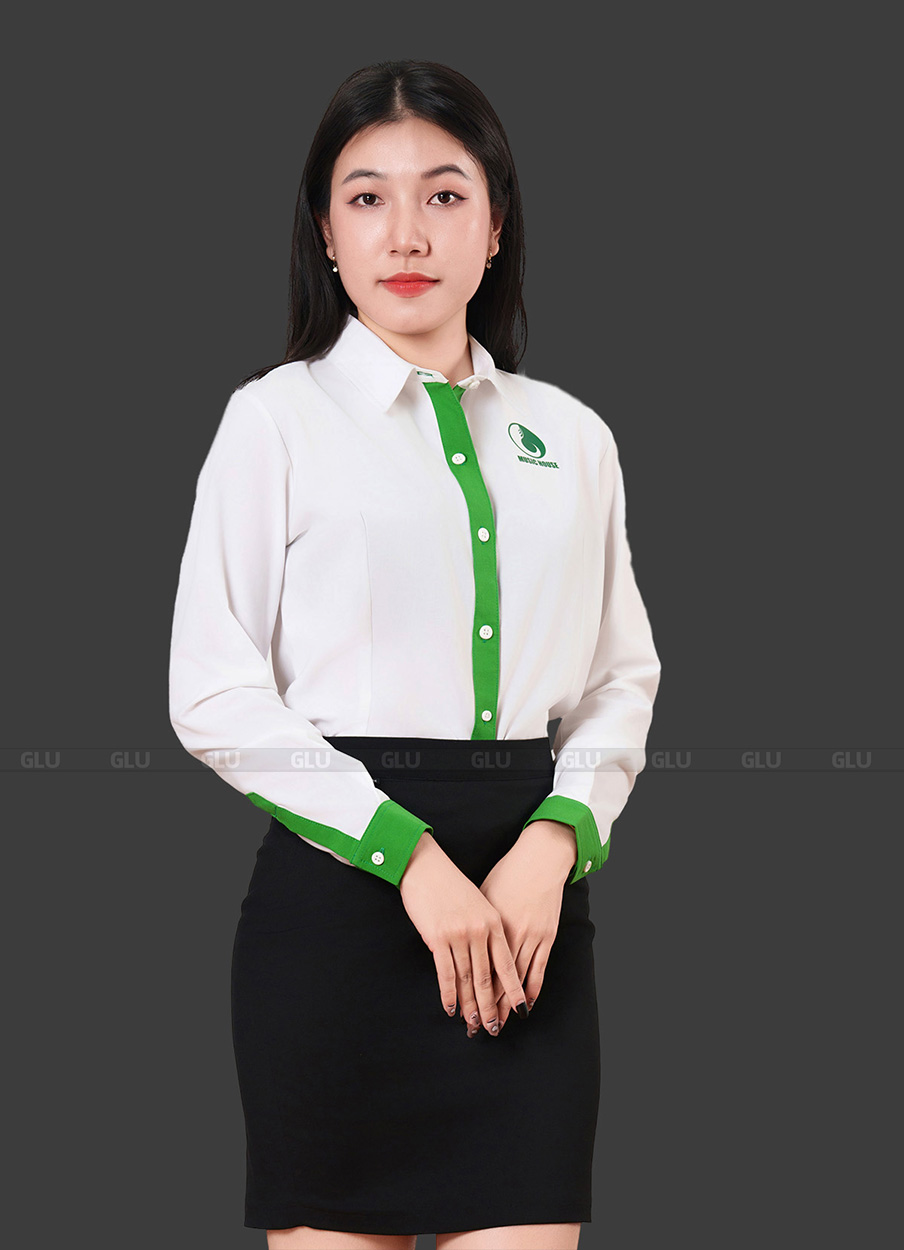 Đồng phục áo sơ mi công sở tay dài màu trắng phối xanh 13