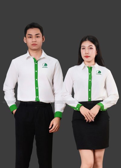 Đồng phục áo sơ mi công sở tay dài màu trắng phối xanh