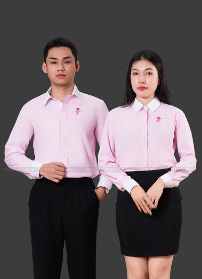 Đồng phục áo sơ mi công ty ALGEMARIN màu hồng phối trắng
