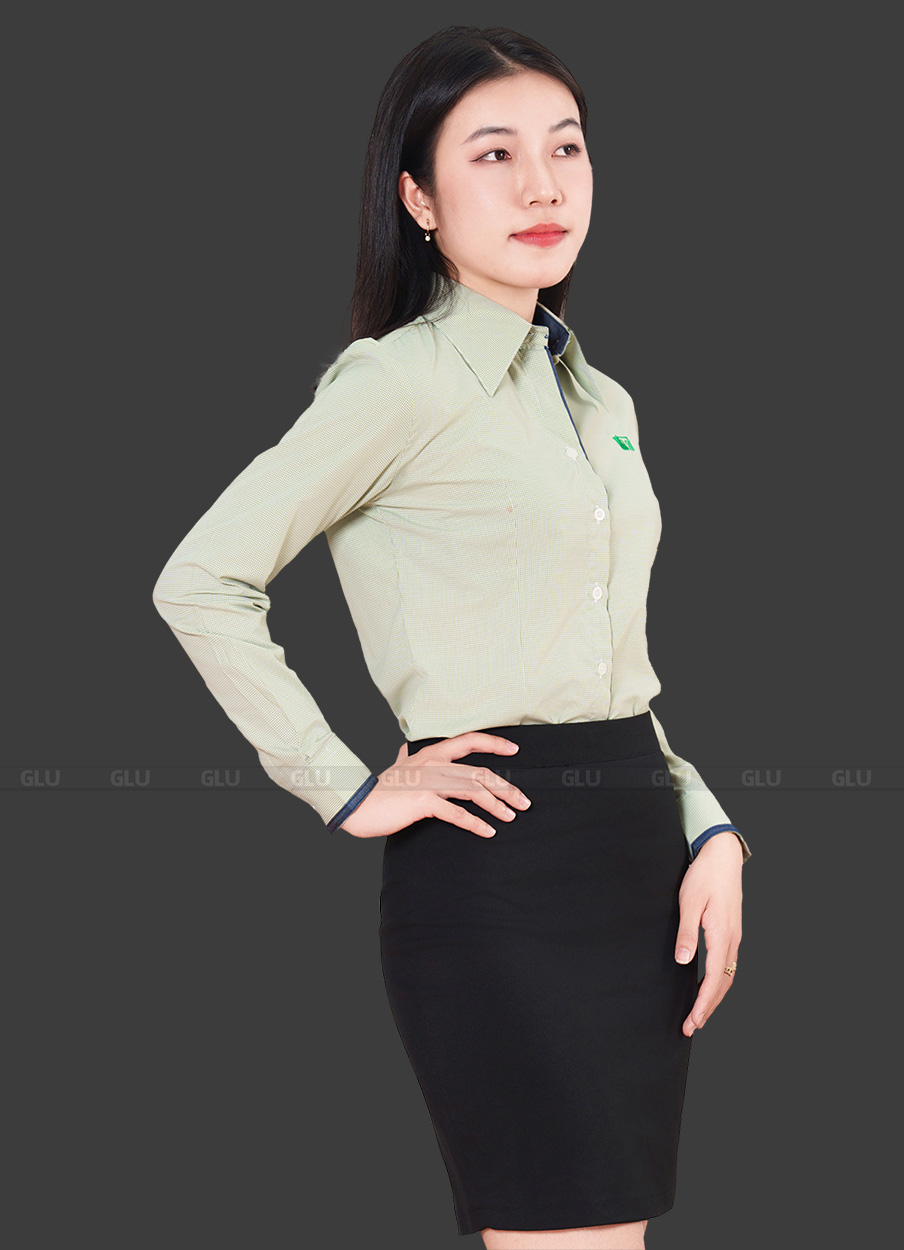 Đồng Phục Văn Phòng Sơ Mi Phối Chân Váy Màu Xanh Vỏ Đậu SMU10026 4