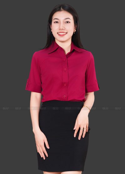 Mẫu áo sơ mi đồng phục công sở cổ màu đỏ nổi bật
