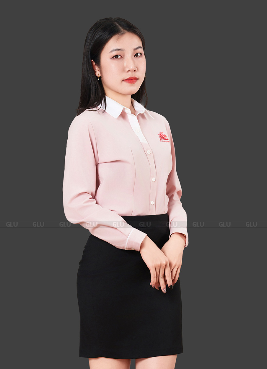 Mẫu đồng phục công sở áo sơ mi tay dài màu hồng phối trắng 6