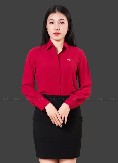 Sơ mi đồng phục tay dài màu đỏ logo in