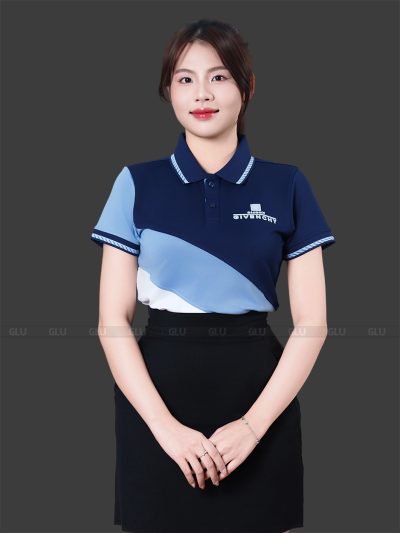 Áo thun đồng phục có cổ màu xanh phối trắng
