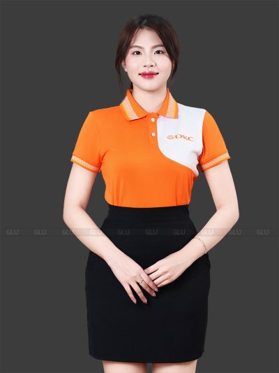 Áo thun đồng phục công sở màu cam phối trắng