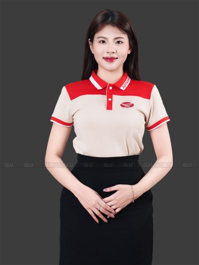 Đồng phục doanh nghiệp màu be phối vai đỏ 1