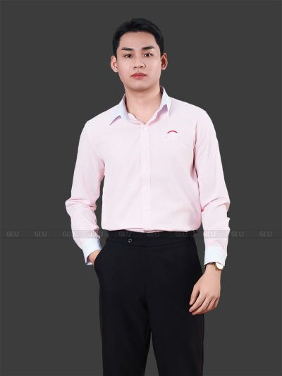 May đồng phục áo sơ mi công sở màu hồng nhạt phối trắng