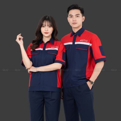 Bộ Đồng Phục Bảo Hộ Lao Động tay ngắn màu xanh đen phối đỏ 1