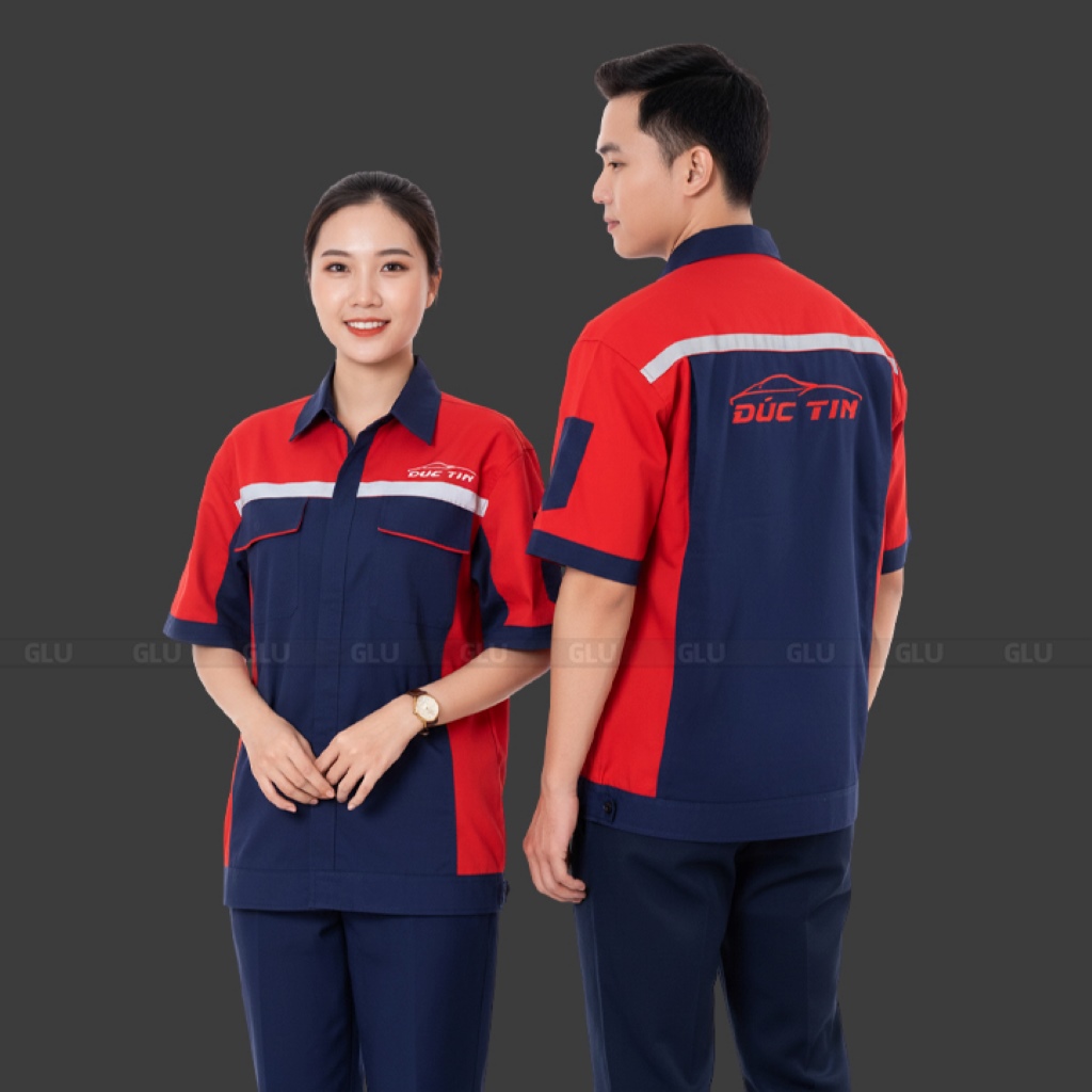 Bộ Đồng Phục Bảo Hộ Lao Động tay ngắn màu xanh đen phối đỏ 2