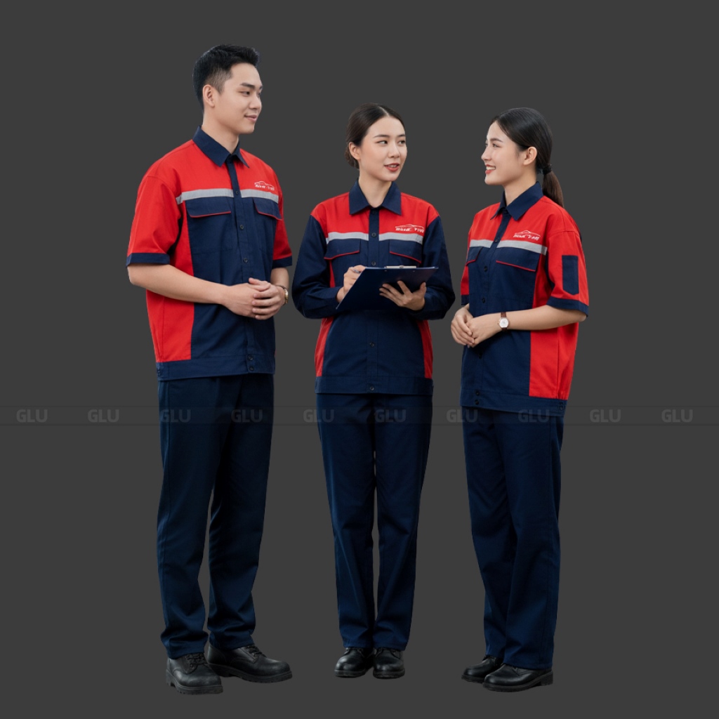 Bộ Đồng Phục Bảo Hộ Lao Động tay ngắn màu xanh đen phối đỏ 4