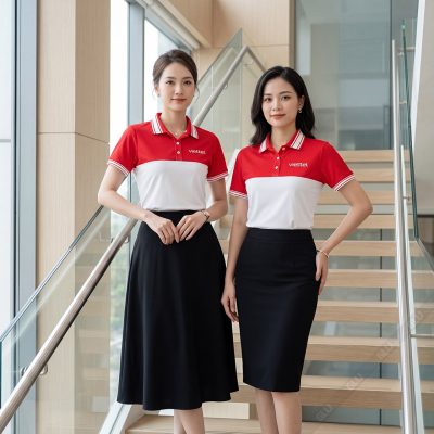 Áo thun công sở màu trắng phối đỏ logo in lụa 1