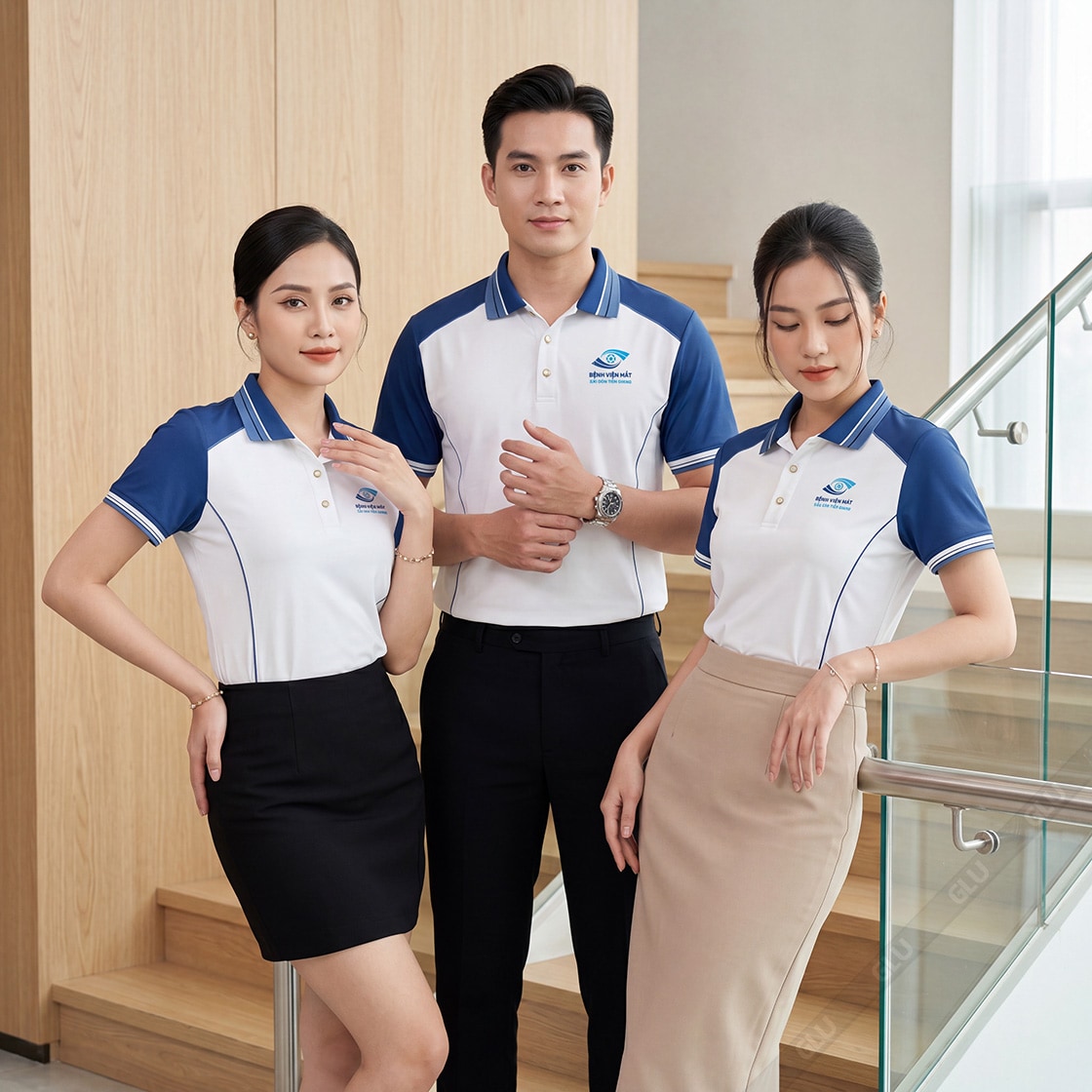 Áo thun đồng phục cổ trụ màu trắng phối bo cổ dệt cao cấp 2