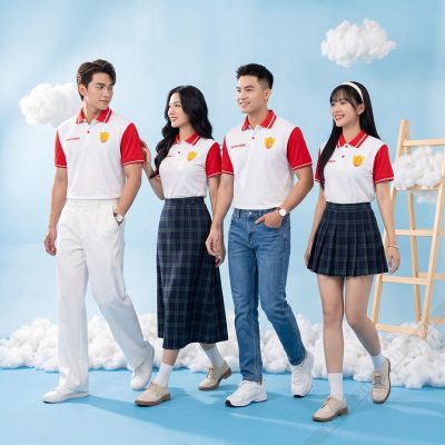 Áo thun đồng phục công ty màu trắng phối đỏ 2