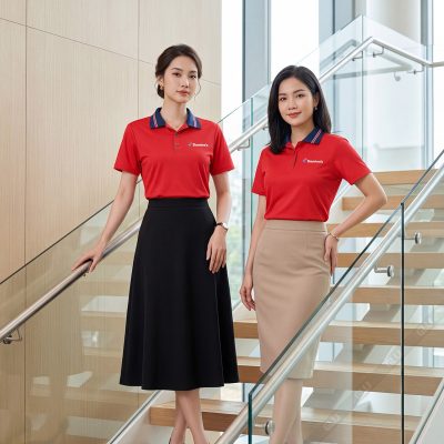Áo thun đồng phục nữ màu đỏ chất vải Poly Thái 2