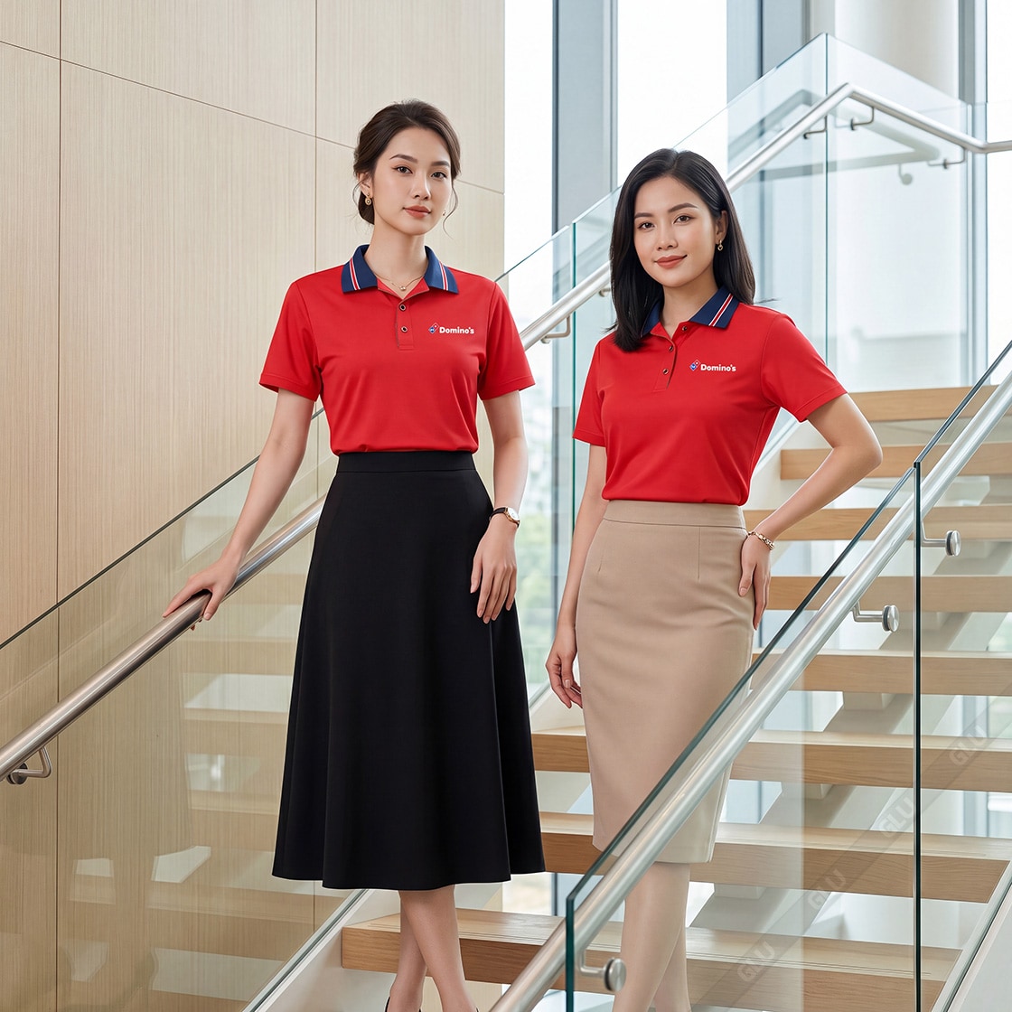 Áo thun đồng phục nữ màu đỏ chất vải Poly Thái 2