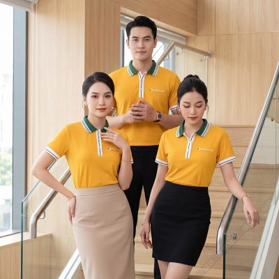 Đồng phục giá rẻ màu vàng logo in pet bền đẹp 1