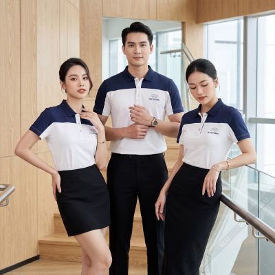 May áo đồng phục giá rẻ màu xanh đen phối trắng 1