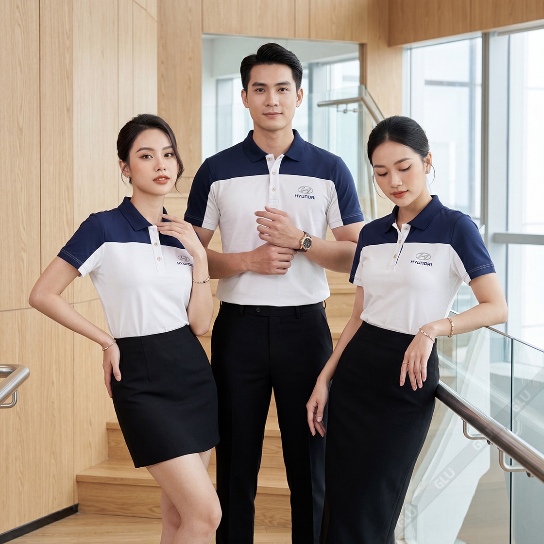 May áo đồng phục giá rẻ màu xanh đen phối trắng 1