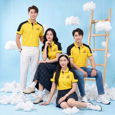 May áo thun đồng phục cao cấp màu vàng in logo 1