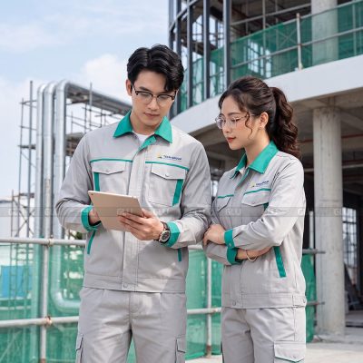 Áo đồng phục công nhân Asia Group màu xám phối xanh ngọc 2