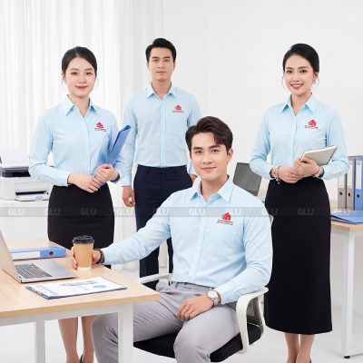 Áo đồng phục sơ mi công ty màu xanh sọc trắng logo thêu 1