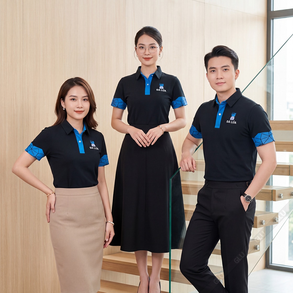 Áo phông đồng phục công ty màu đen phối xanh dương 4