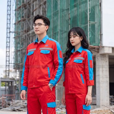 Áo quần bảo hộ màu đỏ phối xanh dương vải kaki cao cấp 2