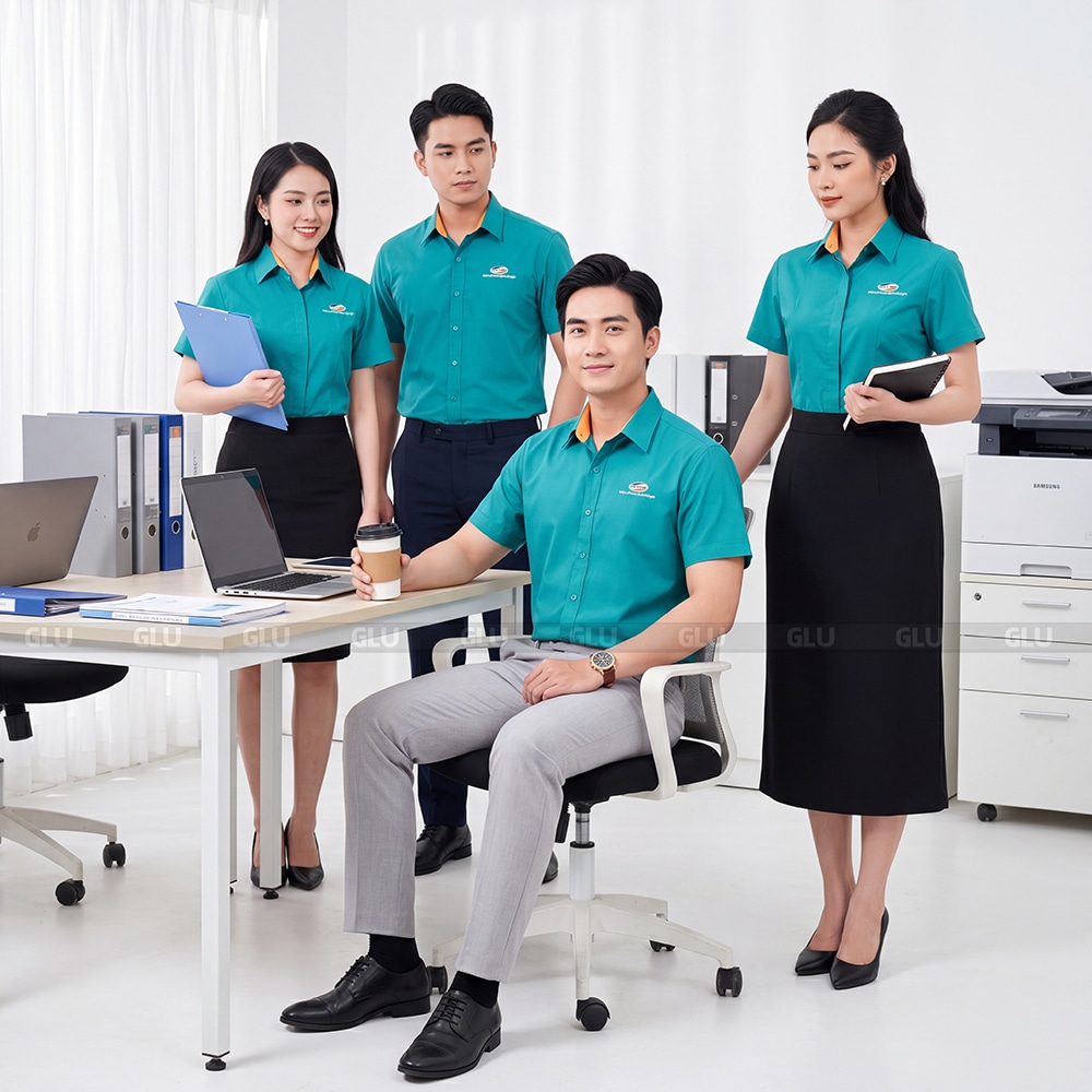 Áo sơ mi đồng phục công sở màu xanh logo Viettel thêu bền đẹp 1