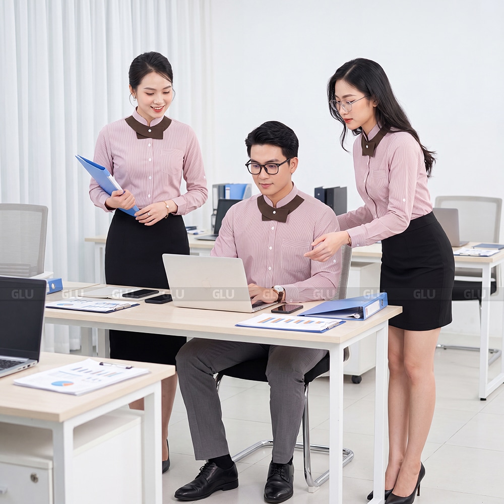 Áo sơ mi đồng phục công ty màu hồng phối họa tiết cổ cao cấp 1