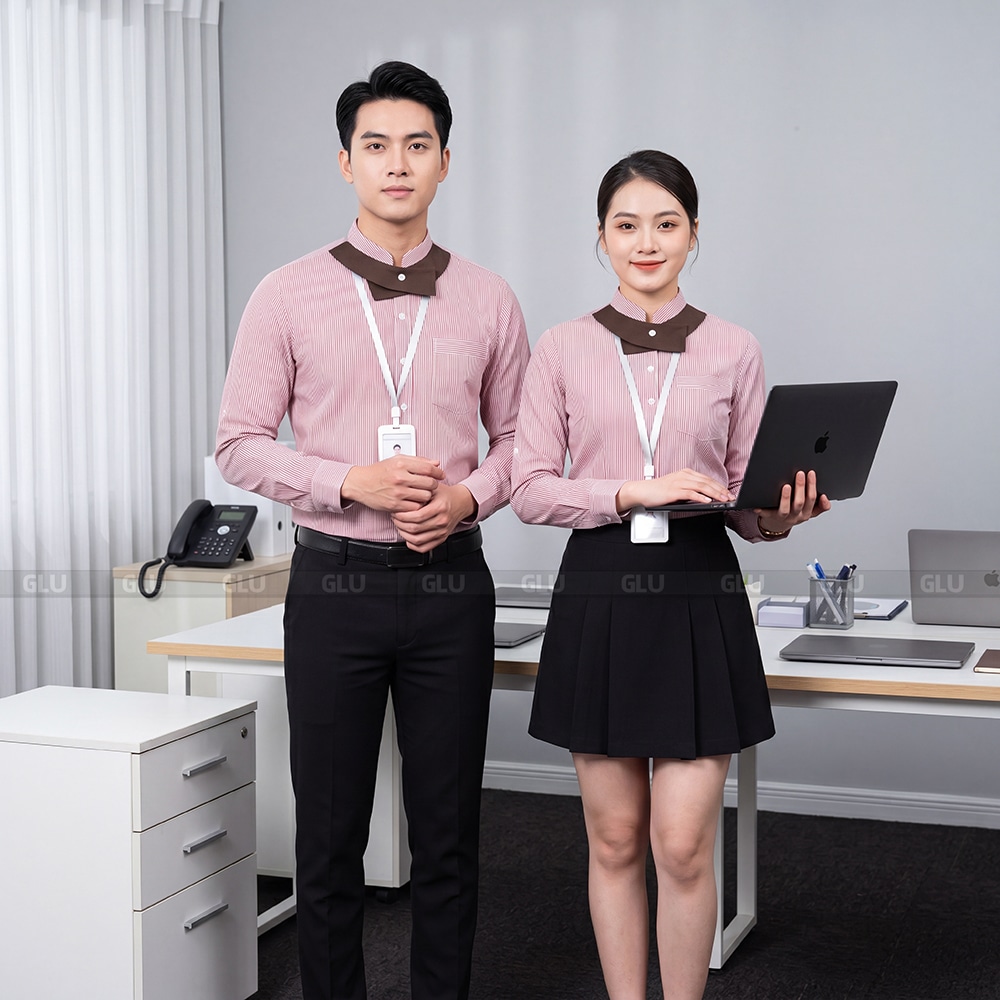 Áo sơ mi đồng phục công ty màu hồng phối họa tiết cổ cao cấp 2