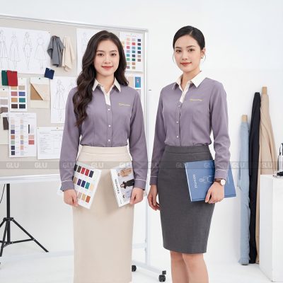 Áo sơ mi đồng phục đẹp màu xám đậm phối trắng 4