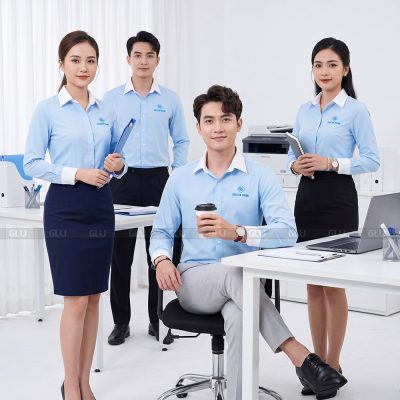 Áo sơ mi đồng phục màu xanh dương phối trắng Saigon Bank 2