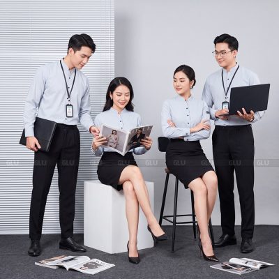 Áo sơ mi đồng phục nam nữ cổ tàu màu xám 5