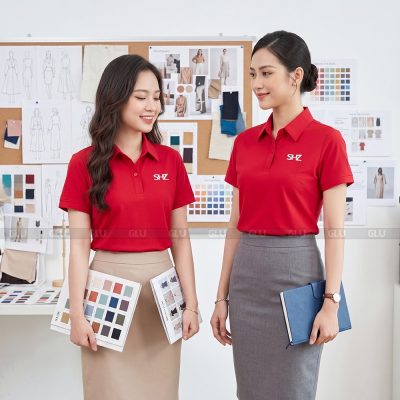 Áo sơ mi đồng phục nữ tay ngắn màu đỏ in logo SHZ 6