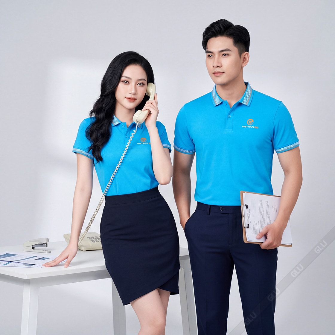 Áo thun cổ trụ đồng phục màu xanh da trời 4