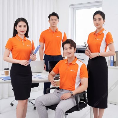 Áo thun nữ đồng phục màu cam bo dệt kiểu cao cấp 1